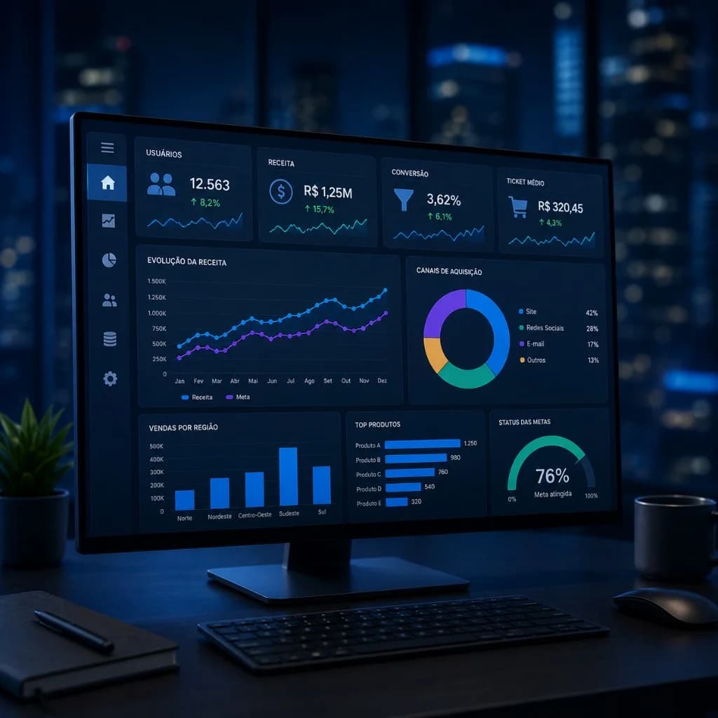 Dashboard de business intelligence com indicadores e gráficos de desempenho