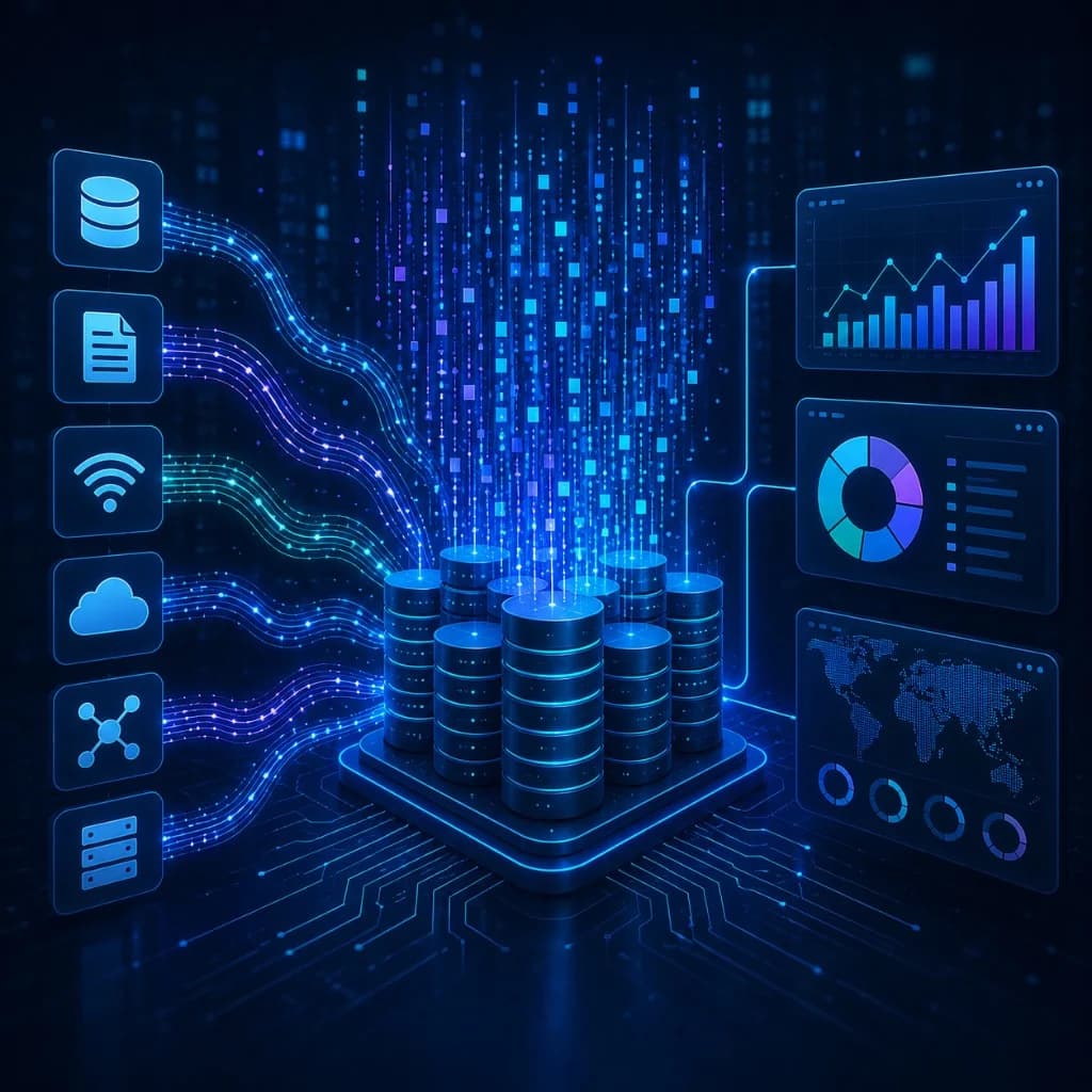 Hub de processamento de dados conectando fontes a painéis analíticos