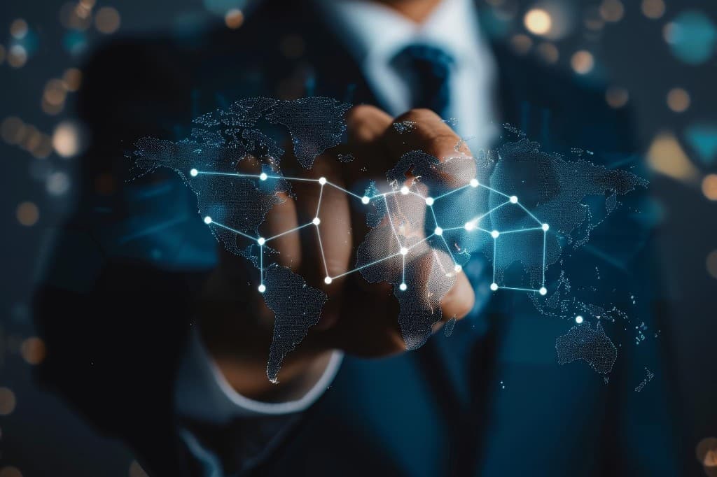 Mão interagindo com mapa-múndi holográfico e rede de conexões