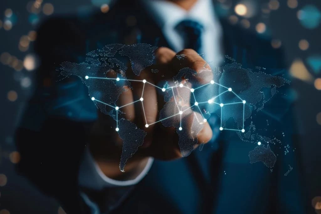 Mão interagindo com mapa-múndi holográfico e rede de conexões