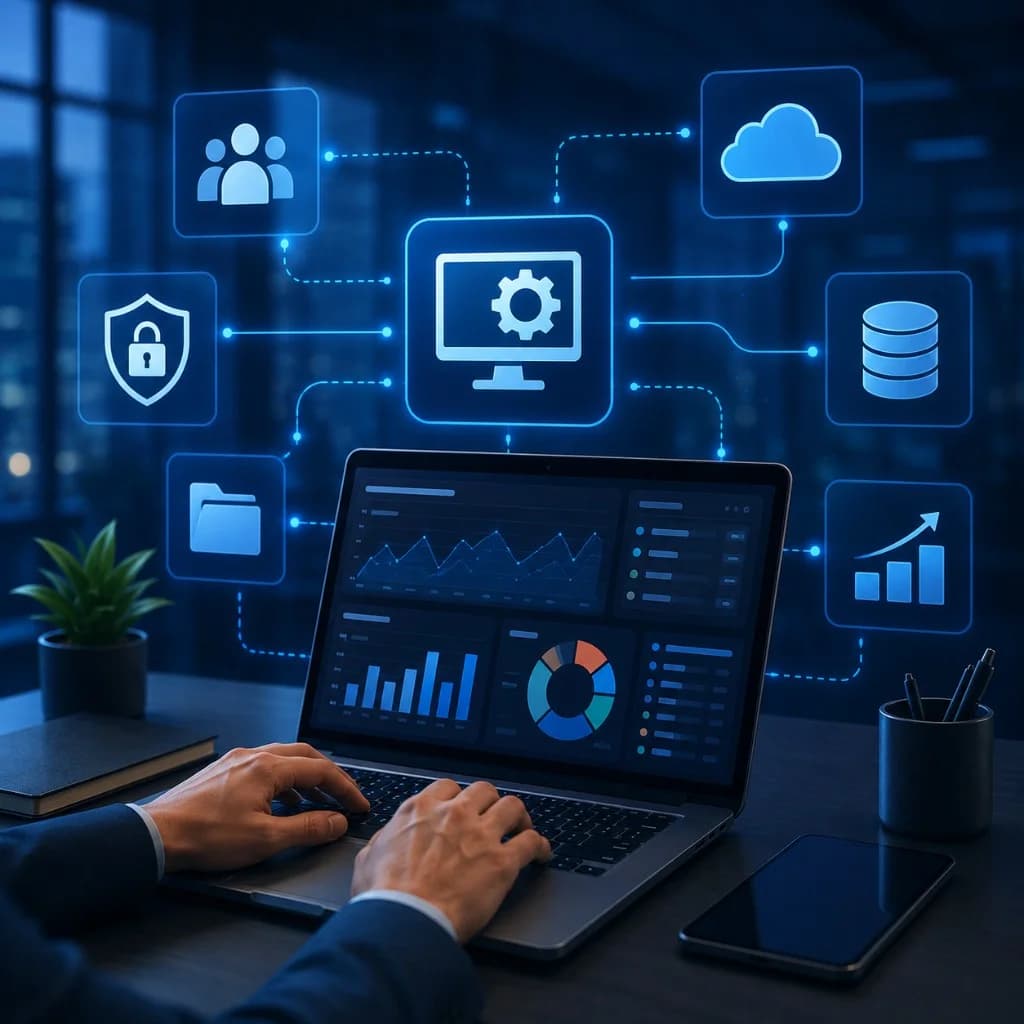 Profissional utilizando laptop com ecossistema integrado de soluções digitais